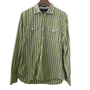 Tommy Hilfiger Olive Green Navy White Striped Button-Up Cotton Shirt, Men’s M